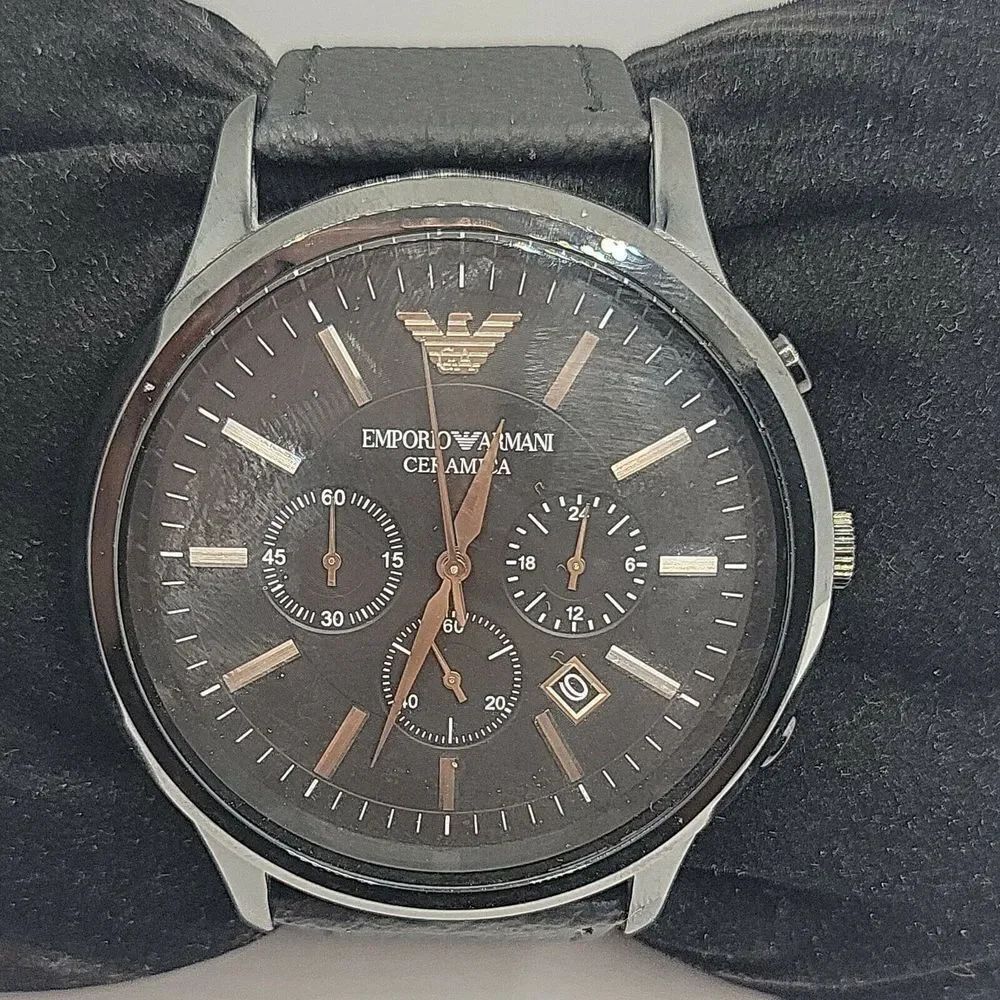 Emporio Armani AR1451 Men's Black Leather Analog Dial Quartz Wrist Watch BC452